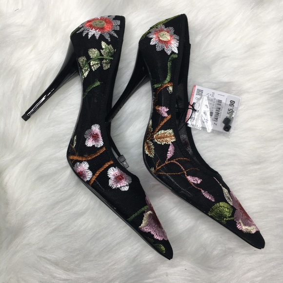 Zara black floral embroidered heels sz 6.5 nwt - Picture 4 of 8